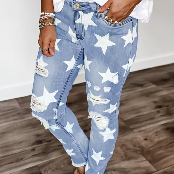 Ripped Star Print Mid Waist Jeans - Picture 1 of 6